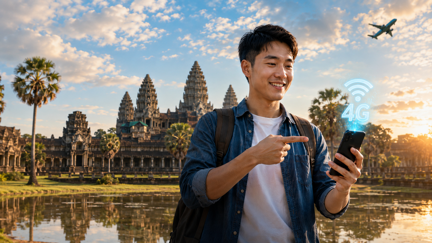 นักเดินทางตรวจสอบอินเทอร์เน็ตบนโทรศัพท์ก่อนเดินทางไปกัมพูชา