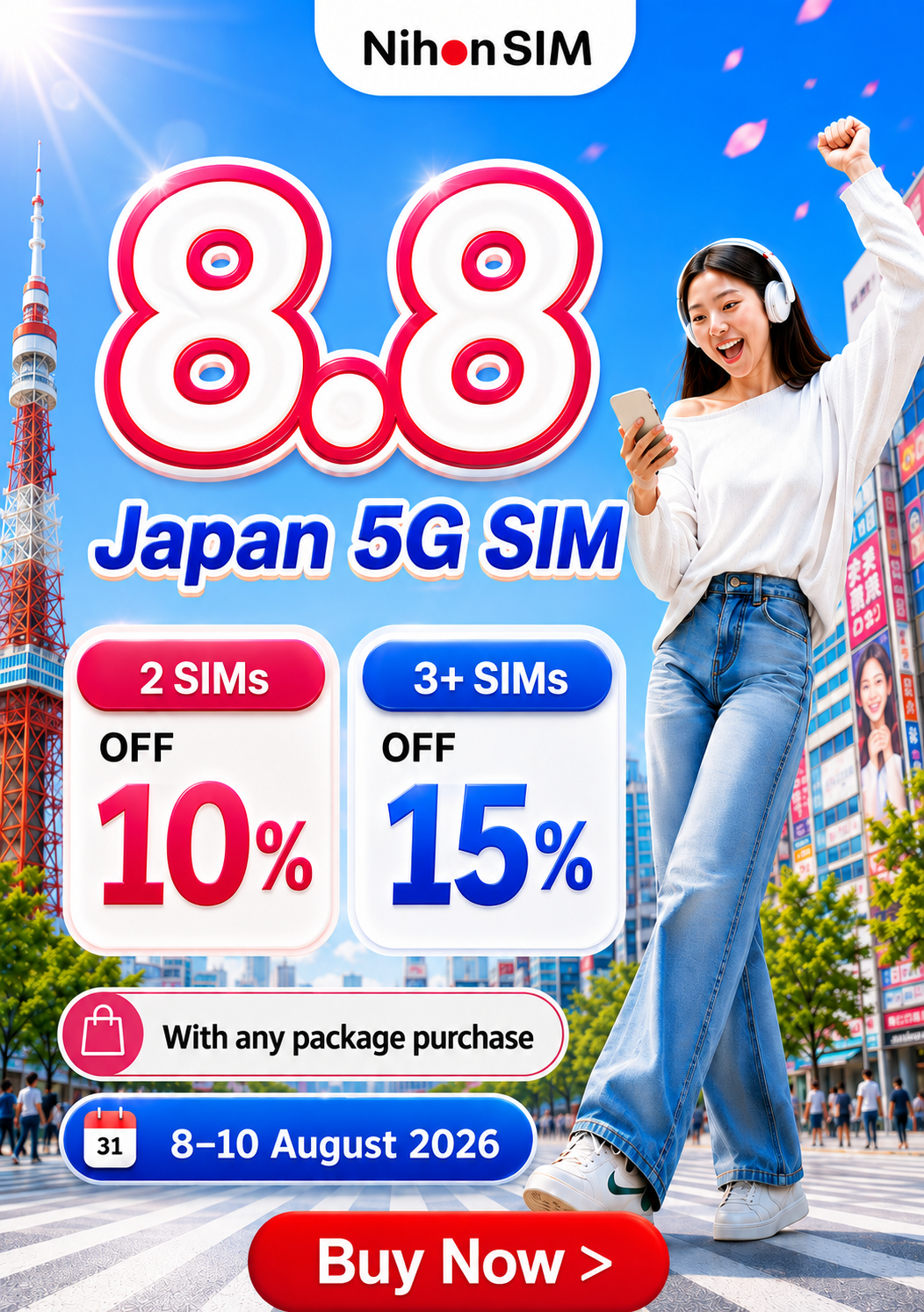 NihonSIM 8.8 Campaign - 10% OFF for 2 SIMs and 15% OFF for 3 or more SIMs